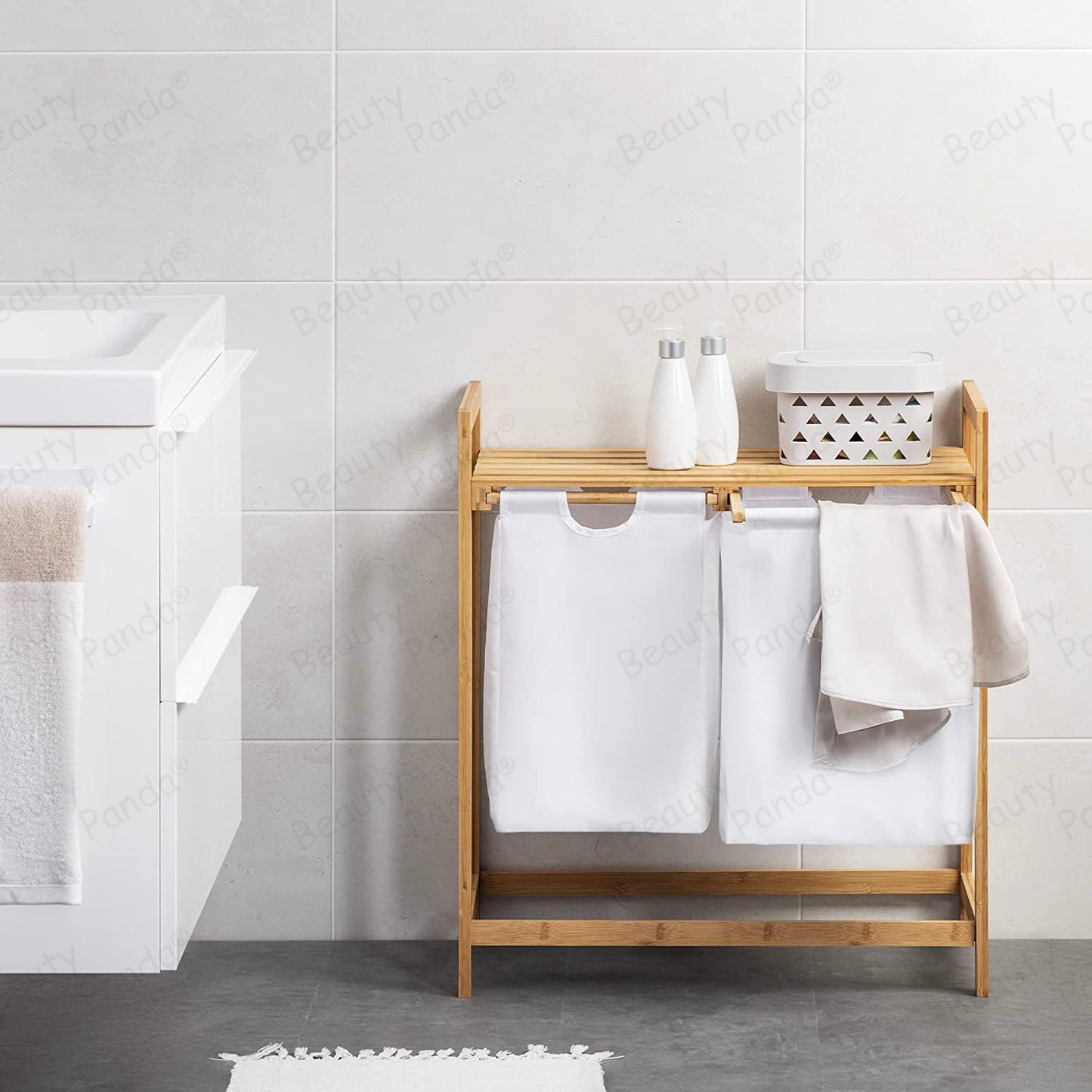 Beauty Panda Wood Foldable Laundry Basket Storage Organizer w/Removable Fabric Liner, Lid, Collapsible Laundry Hamper for Laundry Room, Bathroom, Bedroom, Holds Clothes (Bin5)