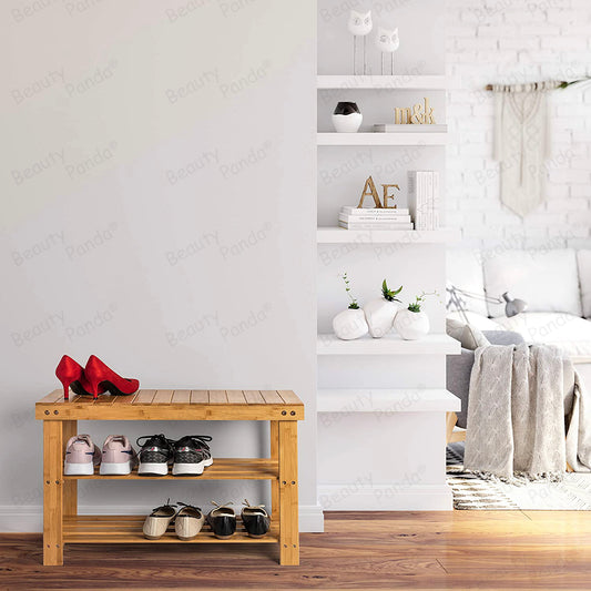 Beauty Panda Teak Wood 3 Tier Shoe Rack Bench, Premium Shoe Organizer or Entryway Bench, Perfect for Shoe Cubby, Entry Bench, or Living Room (SH02)