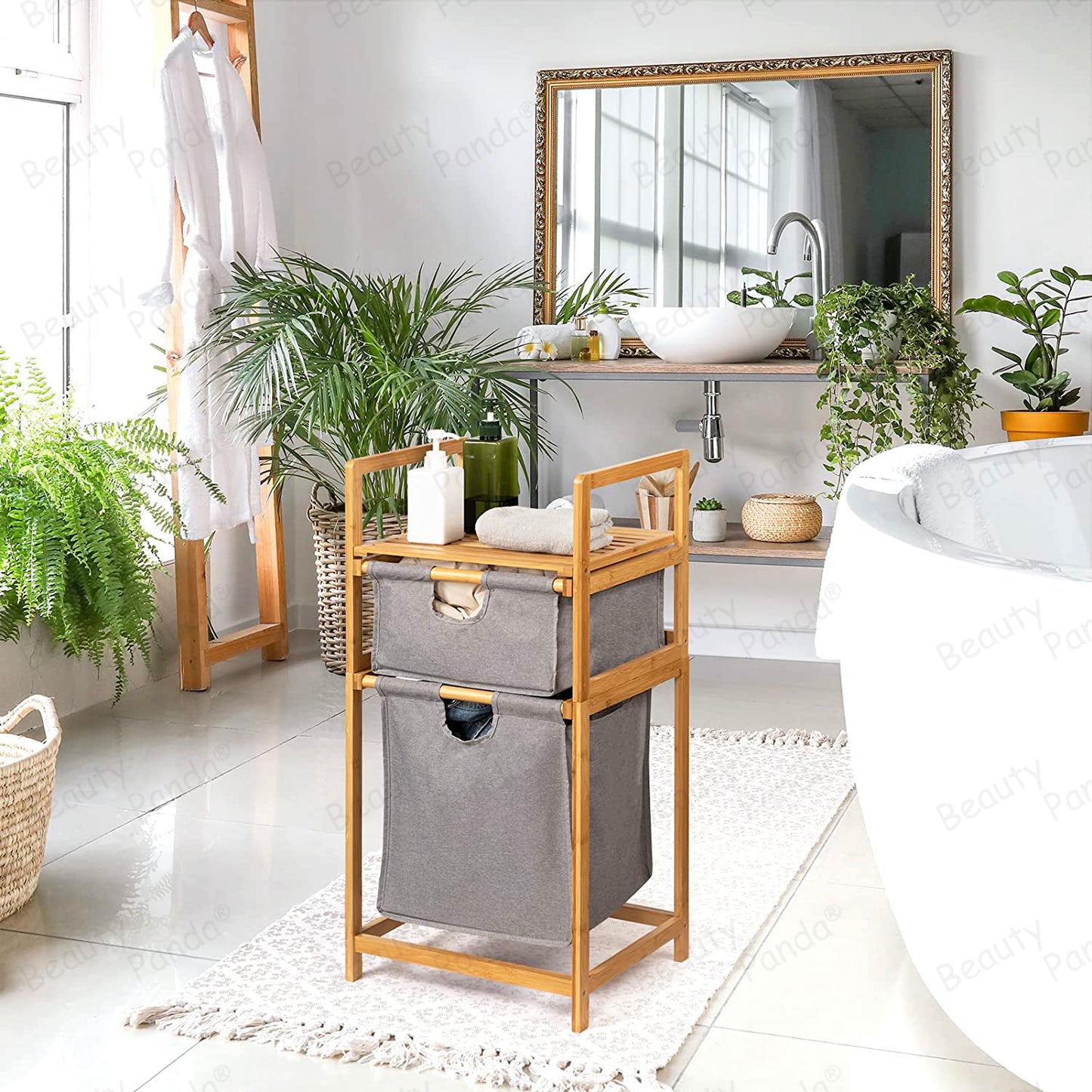 Beauty Panda Teak wood Freestanding Laundry Storage Basket, Household Laundry Basket with Shelf, Laundry Storage Rack Dormitory (Bin11)