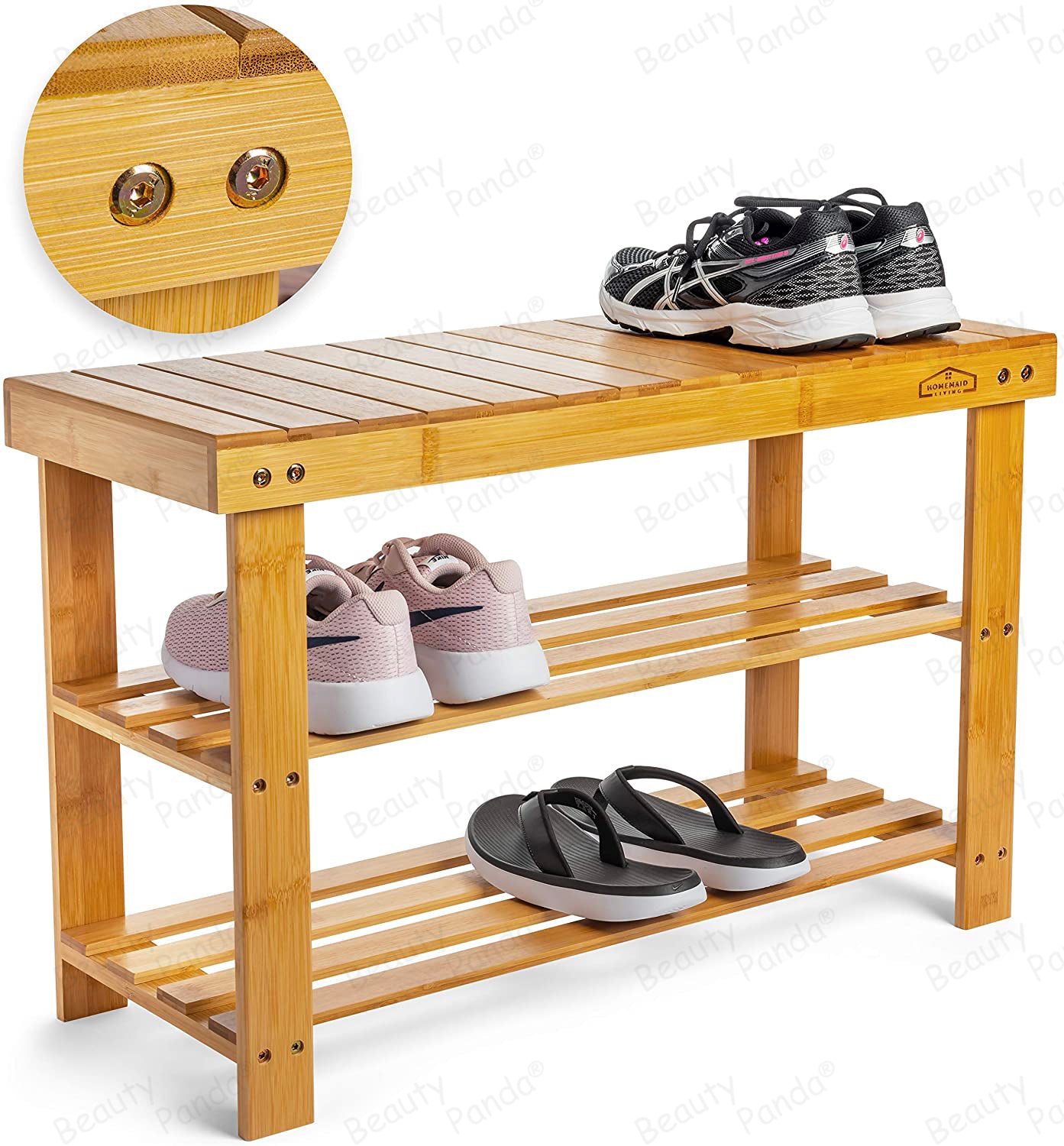 Beauty Panda Teak Wood 3 Tier Shoe Rack Bench, Premium Shoe Organizer or Entryway Bench, Perfect for Shoe Cubby, Entry Bench, or Living Room (SH02)