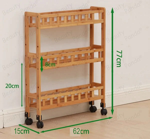 Beauty Panda 3 Layer Multipurpose Solid Wood Storage Organizer Slim Rack Shelf with Wheels | Slim Slide Out Kitchen Trolley Rack Holder Storage Organizer for Kitchen, Bathroom (Medium 62*15*77, Brown)