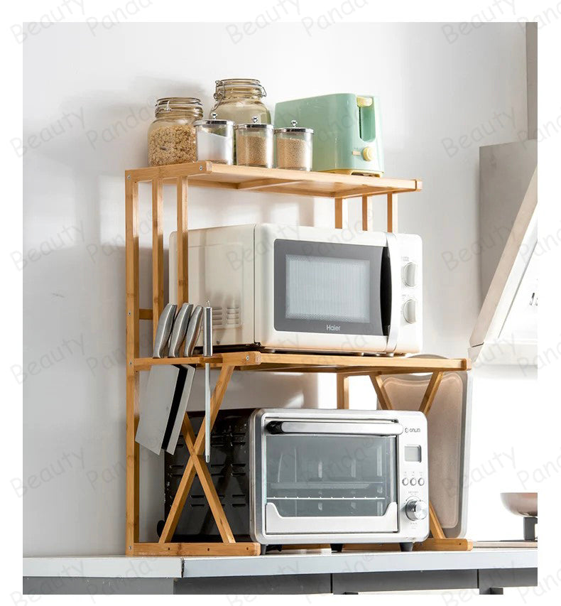 Beauty Panda Teak Wood Spice Rack Organizer - Multipurpose Stand for Kitchen Storage, Microwave & OTG Oven Rack, - 2 Tier Spice Shelf - Stackable Free Standing Space Saving Spice Rack for Countertop , Kitchen (SP12)