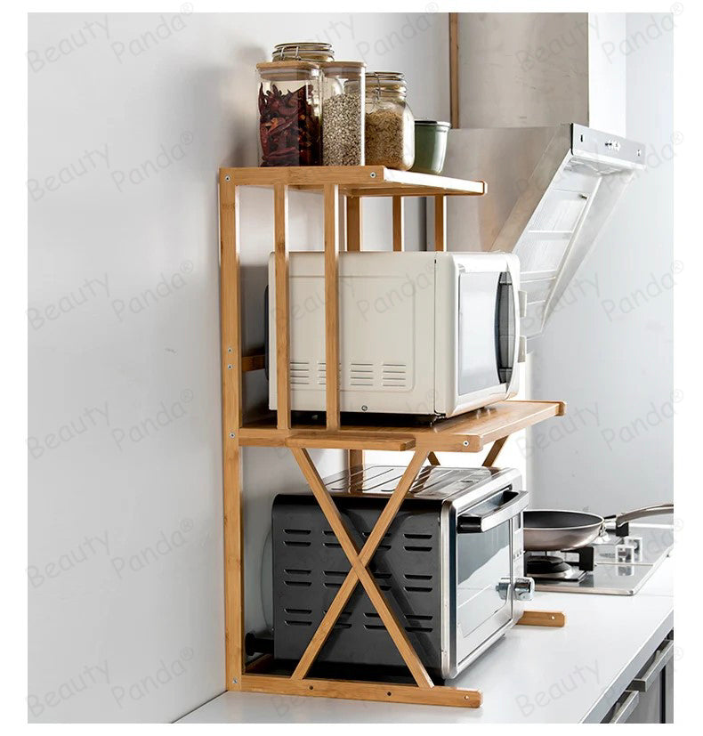 Beauty Panda Teak Wood Spice Rack Organizer - Multipurpose Stand for Kitchen Storage, Microwave & OTG Oven Rack, - 2 Tier Spice Shelf - Stackable Free Standing Space Saving Spice Rack for Countertop , Kitchen (SP12)