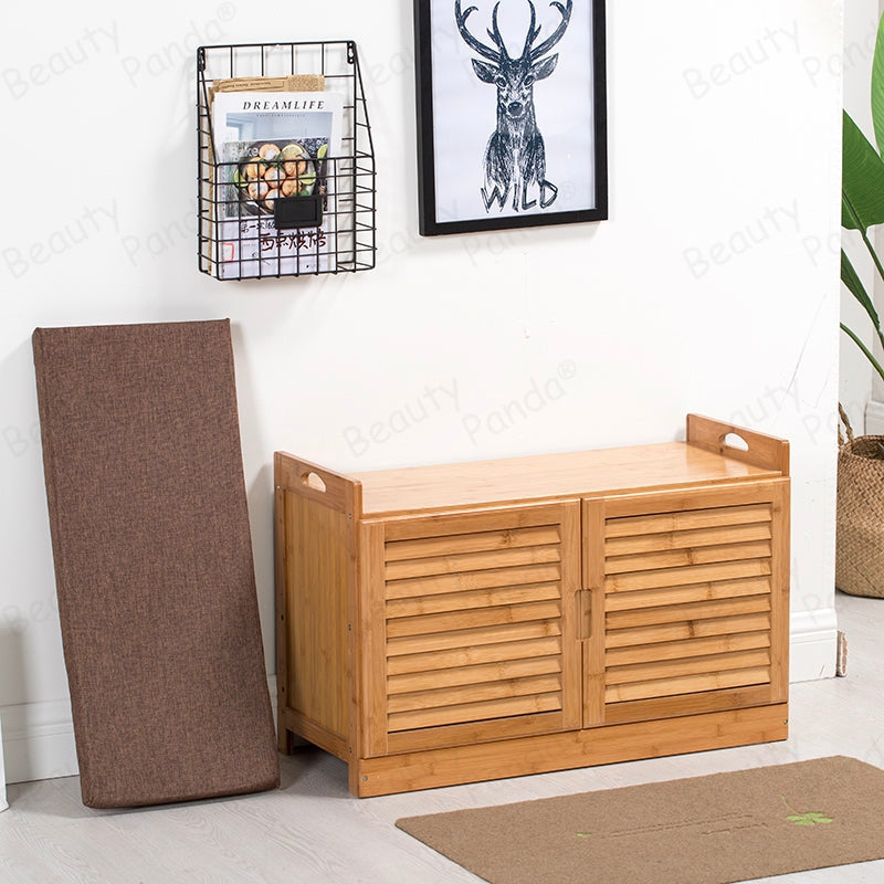 Beauty Panda 2 tire wooden shoe rack with door and seat, Teak Wood Shoe Cabinet, Free Standing Shoe Shelf Organizer Storage with Doors Home Entryway Hallway Office Bedroom (SH63D)