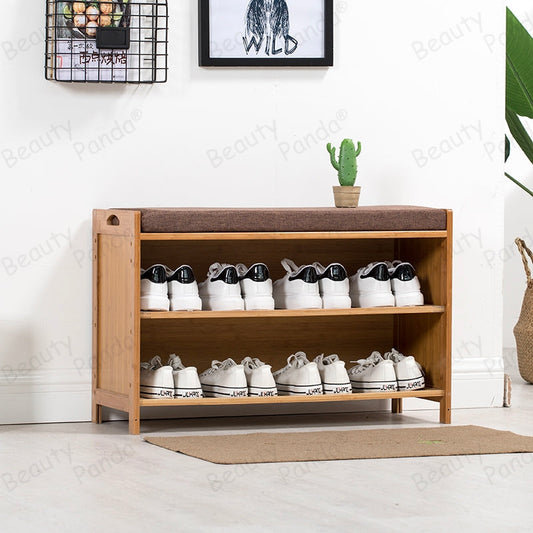 Beauty Panda 2 tire wooden shoe rack with seat, Teak Wood Shoe Cabinet, Free Standing Shoe Shelf Organizer Storage with Seat Home Entryway Hallway Office Bedroom (SH63)