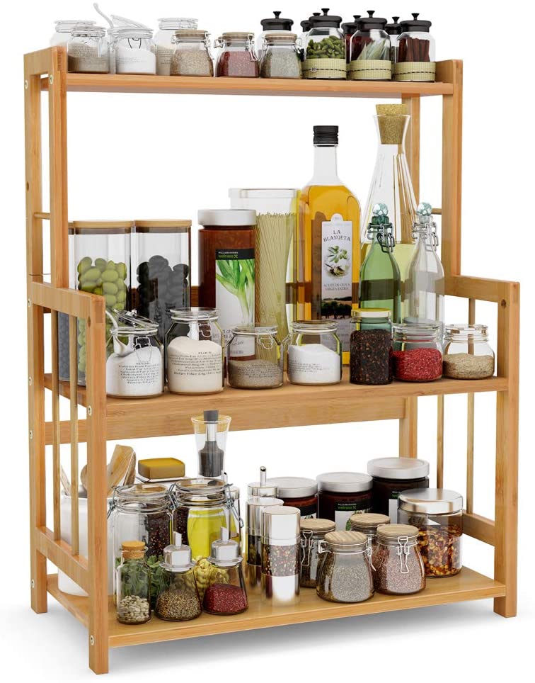Beauty Panda Wood Spice Rack Organizer - Seasoning Organizer for Cabinet - 3 Tier Spice Shelf Teak Wooden - Stackable Free Standing Space Saving Spice Rack for Countertop , Kitchen (SP3)