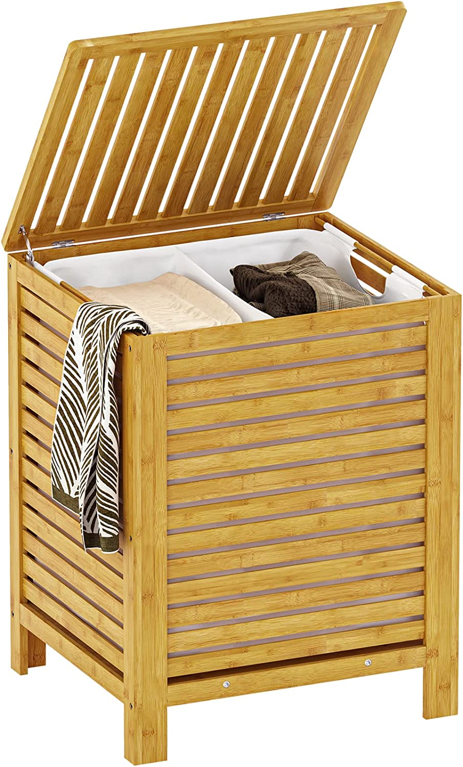 Beauty Panda Large Section Freestanding Teak wood Bathroom Organizer with Pull Out Hamper Drawers Wooden Laundry Towel Cabinet Basket (Bin10)