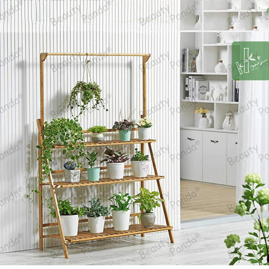 Beauty Panda  3 Tier Teak Wood Plant Stand, Ladder Plant Stand Tiered Plant Shelf for Multiple Plants, Indoor & Outdoor Flower Pots (FD3)