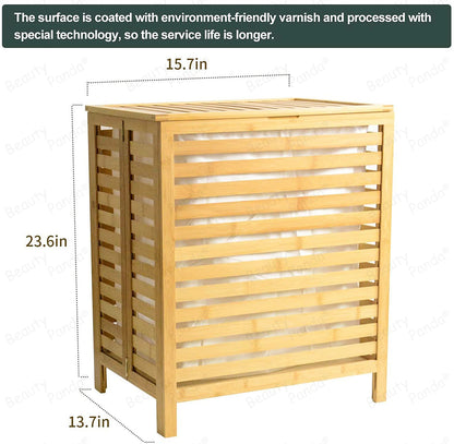 Beauty Panda Laundry Hamper with Dual Compartments – Two-Section Laundry Basket with Removable Sliding Bags & Shelf – Teak Wood Laundry Organizer Cabinet (Bin4)
