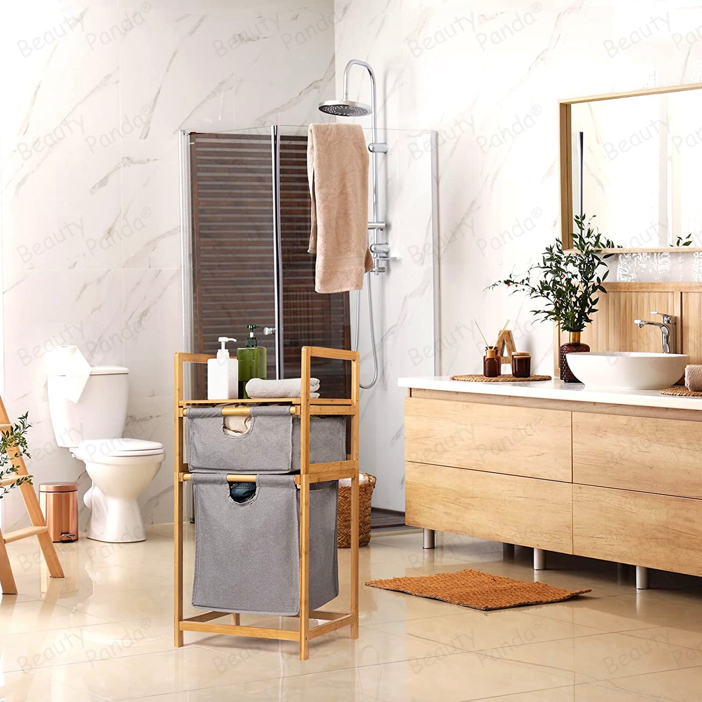 Beauty Panda Teak wood  Freestanding Laundry Storage Basket, Household Laundry Basket with Shelf, Laundry Storage Rack Dormitory (Bin11)