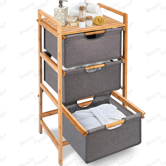 Beauty Panda 3 Section Freestanding Bathroom Organizer with Pull Out Hamper Drawers Wooden Laundry Towel Cabinet Tower Three Part Compartment Sorter Basket for Kids Room (Bin1)