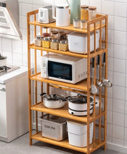 Load image into Gallery viewer, Beauty Panda® Teak Wood 5 Tire Multipurpose Stand for Kitchen Storage, Microwave &amp; OTG Oven Rack, Shoe Rack, Office Organizer, Bookshelf Utensil Kitchen Rack (KT05)
