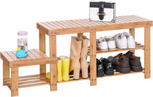Load image into Gallery viewer, Beauty Panda Teak Wood Shoe Rack Bench, 3-Tier Sturdy Shoe Organizer, Storage Shoe Shelf, Holds up to 300lbs for Entryway Bedroom Living Room Balcony(SH22L)
