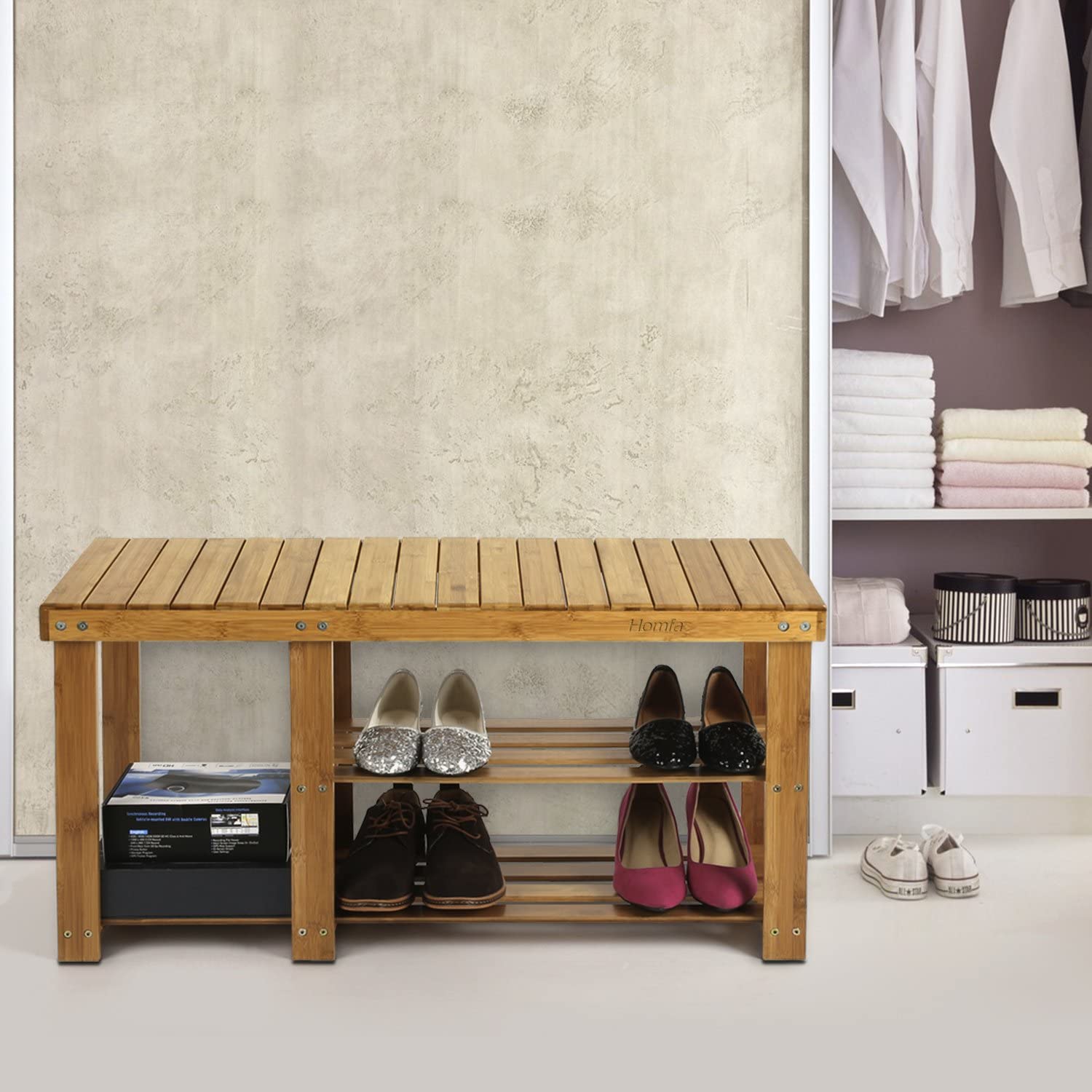 Beauty Panda® Teak Wood Tier Shoe Rack Bench, Premium Shoe Organizer or Entryway Bench, Perfect for Shoe Cubby, Entry Bench, or Living Room (86M)