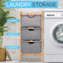 Load image into Gallery viewer, Beauty Panda 3 Section Freestanding Bathroom Organizer with Pull Out Hamper Drawers Wooden Laundry Towel Cabinet Tower Three Part Compartment Sorter Basket for Kids Room (Bin1)
