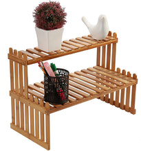 Load image into Gallery viewer, BeautyPanda 2 Tire Teak Woos Desktop Shelf Organizer, Adjustable Shelves Storage Rack for Desk, Expandable Wooden Display Stand Shelf, Art Office Supplies Decor (DT1)

