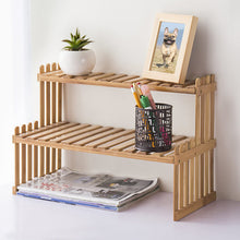 Load image into Gallery viewer, BeautyPanda 2 Tire Teak Woos Desktop Shelf Organizer, Adjustable Shelves Storage Rack for Desk, Expandable Wooden Display Stand Shelf, Art Office Supplies Decor (DT1)
