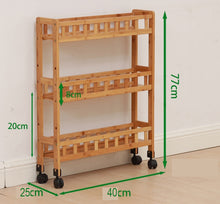 Load image into Gallery viewer, Beauty Panda 3 Layer Multipurpose Solid Wood Storage Organizer Slim Rack Shelf with Wheels | Slim Slide Out Kitchen Trolley Rack Holder Storage Organizer for Kitchen, Bathroom (Medium 40*25*77, Brown)
