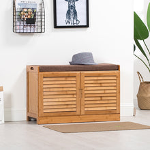 Load image into Gallery viewer, Beauty Panda 2 tire wooden shoe rack with door and seat, Teak Wood Shoe Cabinet, Free Standing Shoe Shelf Organizer Storage with Doors Home Entryway Hallway Office Bedroom (SH63D)
